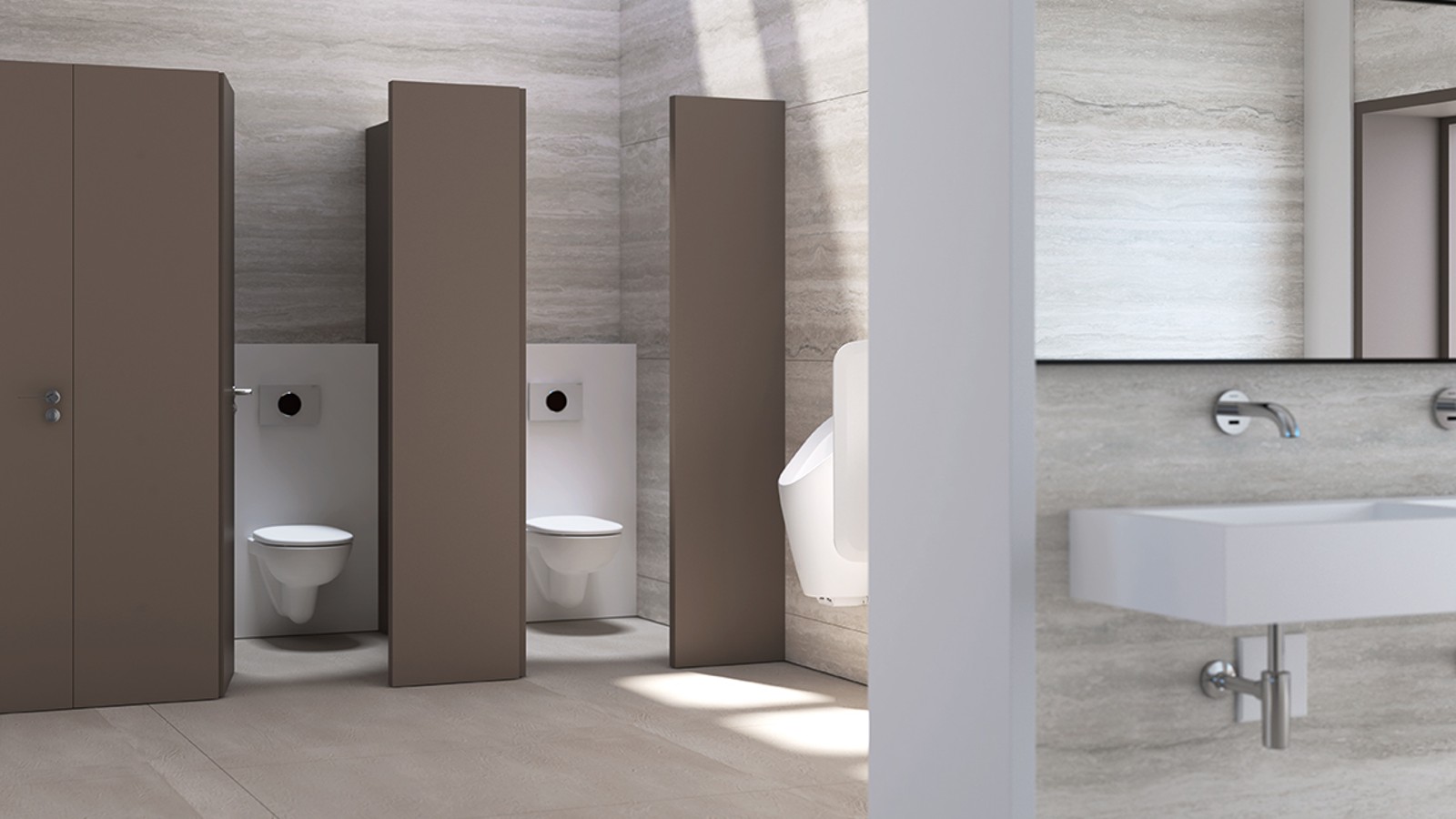 Verejné toalety so splachovacími nádržkami, ovládaním splachovania a pisoármi Geberit Verejné toalety so splachovacími nádržkami, ovládaním splachovania a pisoármi Geberit