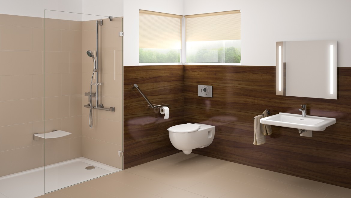 Bezbariérová kúpeľňa s umývadlom, toaletou a sprchou s vaničkou v úrovni podlahy