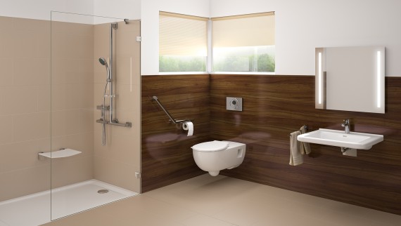 Bezbariérová kúpeľňa s umývadlom, WC a sprchou v úrovni podlahy