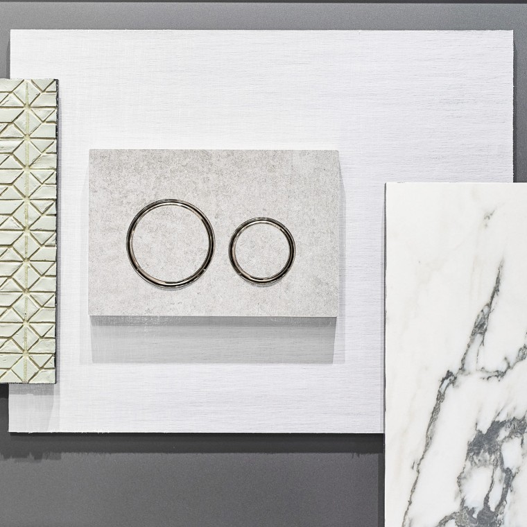 Ovládacie tlačidlo Geberit Sigma 21 v betónovom vzhľade s chrómovanými dizajnovými krúžkami