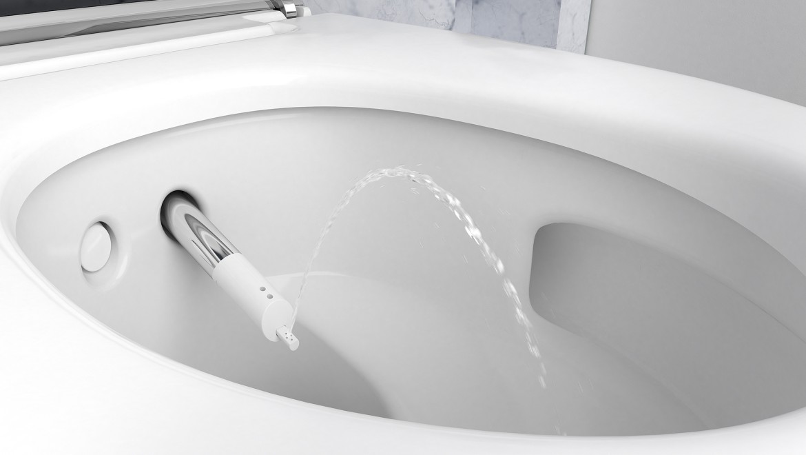 Detail sprchovacieho ramena na sprchovacom WC Geberit AquaClean Mera Detail sprchovacieho ramena na sprchovacom WC Geberit AquaClean Mera