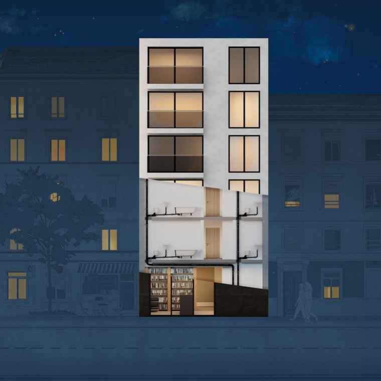 Prierez bytového domu s Geberit SuperTube