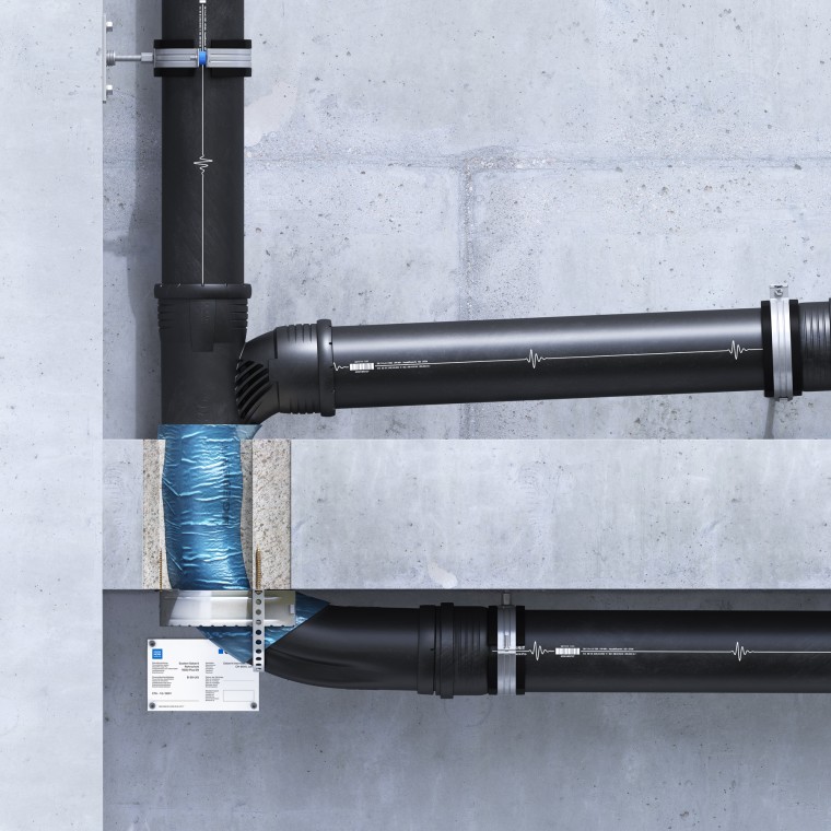 Geberit Silent-Pro SuperTube: Montáž protipožiarneho uzáveru v tvare U na povrchu stropu Geberit Silent-Pro SuperTube: Montáž protipožiarneho uzáveru v tvare U na povrchu stropu