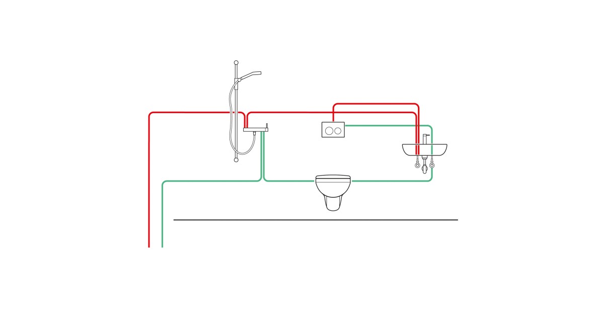 Príklad vodovodného potrubia s hygienickým prepláchnutím Geberit integrovaným v podomietkovej nádržke s intervalovým riadením (© Geberit)
