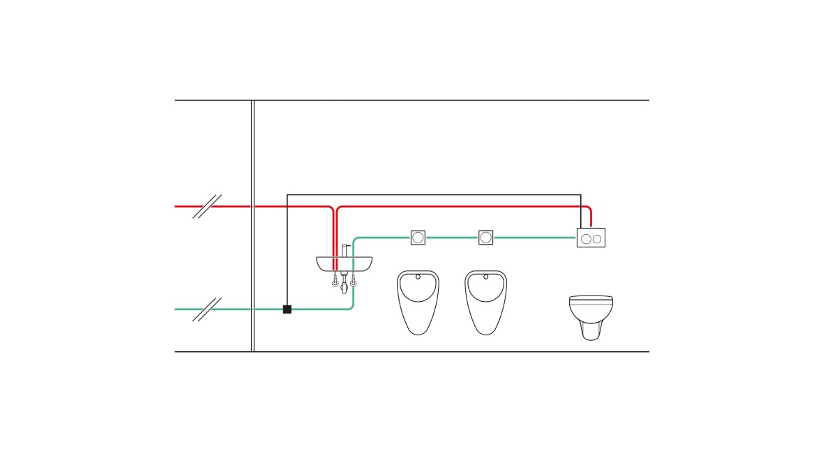 Príklad potrubia s teplotne riadeným hygienickým preplachovaním integrovaným v podomietkovej nádržke a s využitím teplotného senzora (© Geberit)