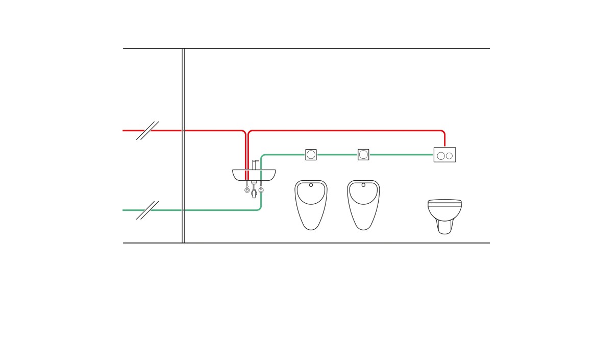 Príklad vodovodného potrubia s časovo riadeným hygienickým prepláchnutím (© Geberit)