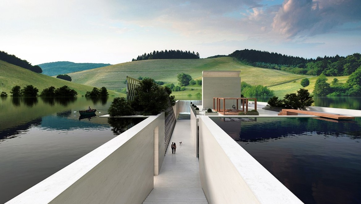 H.O.M.E. Haus 2022 od Hadi Teherani Architects so zelenými kopcami v pozadí (© Bloomrealities/HTA für H.O.M.E. Haus 2022) H.O.M.E. Haus 2022 od Hadi Teherani Architects so zelenými kopcami v pozadí (© Bloomrealities/HTA für H.O.M.E. Haus 2022)
