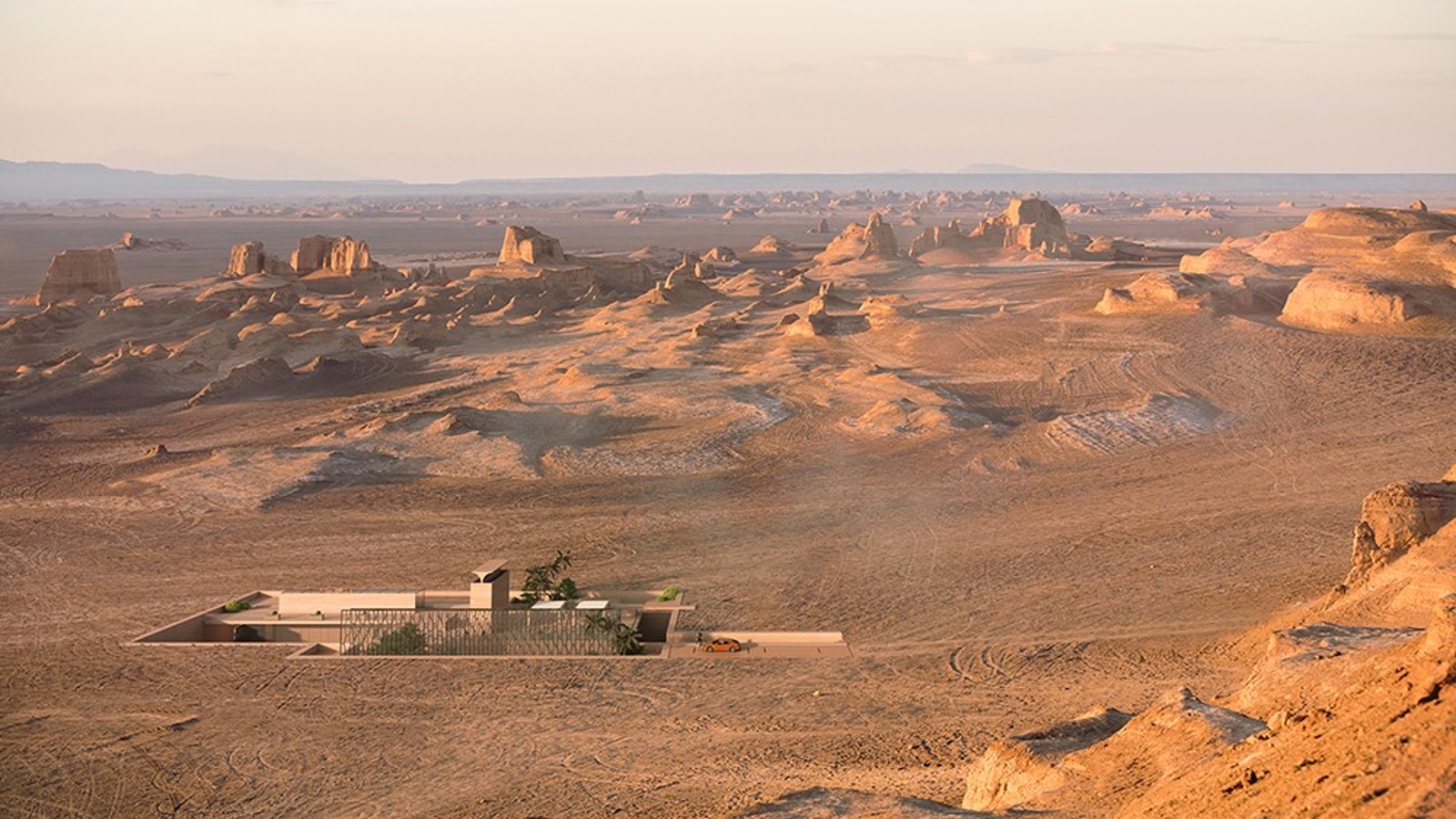 The H.O.M.E. Haus 2022 v púšti. Tradičný lapač vetra nazývaný bâdgir sa majestátne sa týči ako sochárske dielo (© Bloomrealities/HTA für H.O.M.E. Haus 2022) The H.O.M.E. Haus 2022 v púšti. Tradičný lapač vetra nazývaný bâdgir sa majestátne sa týči ako sochárske dielo (© Bloomrealities/HTA für H.O.M.E. Haus 2022)