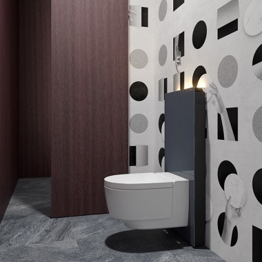 Kúpeľňa pre hostí so sprchovacím WC Geberit AquaClean Mera a sanitárnym modulom Monolith (© Bloomrealities / HTA für H.O.M.E. Haus 2022)