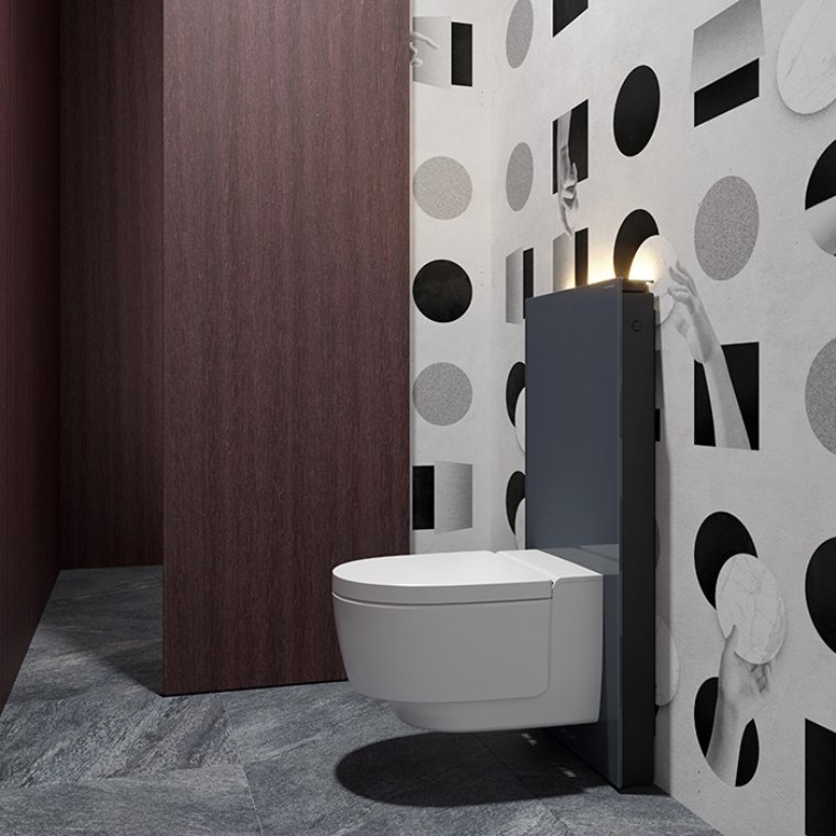 Kúpeľňa pre hostí so sprchovacím WC Geberit AquaClean Mera a sanitárnym modulom Monolith (© Bloomrealities / HTA für H.O.M.E. Haus 2022) Kúpeľňa pre hostí so sprchovacím WC Geberit AquaClean Mera a sanitárnym modulom Monolith (© Bloomrealities / HTA für H.O.M.E. Haus 2022)