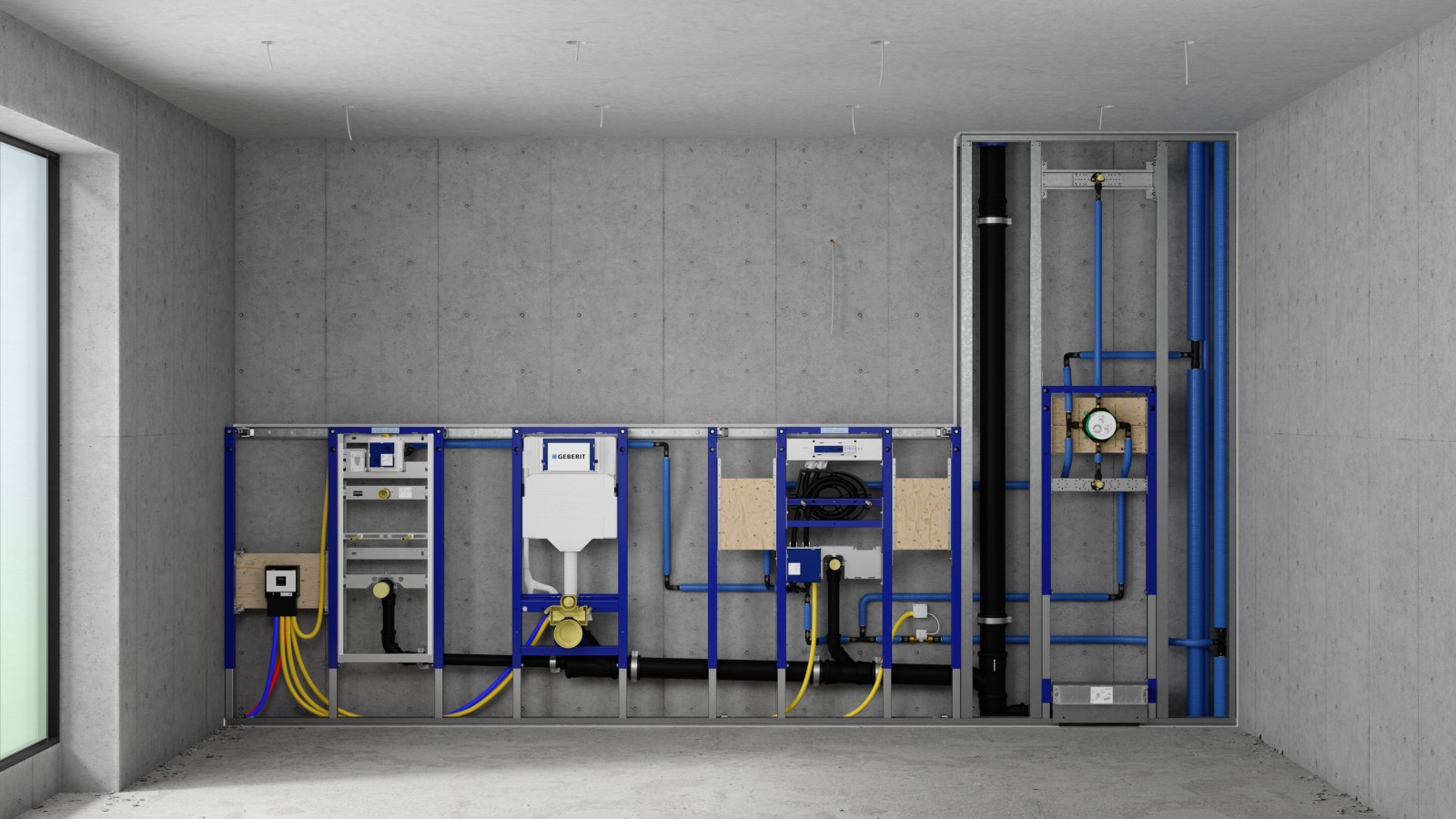 Inštalačná stena s prvkami Geberit Duofix pre pisoár, WC, umývadlo a sprchu