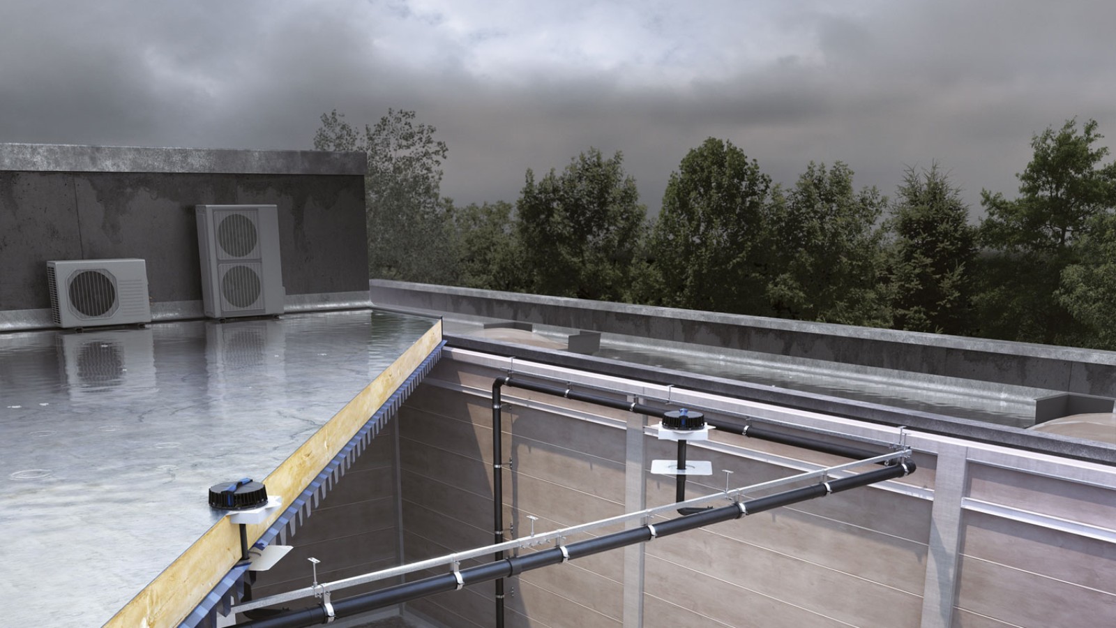 Strešný odvodňovací systém Pluvia dokáže odvodniť všetky tri veže s relatívne malým počtom vtokov (© Geberit)