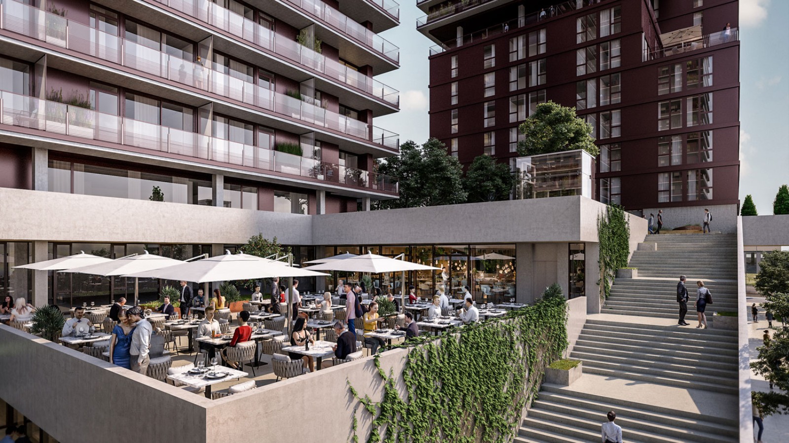 Súčasťou budovy sú aj strešné terasy, reštaurácie a bary (© Soravia)