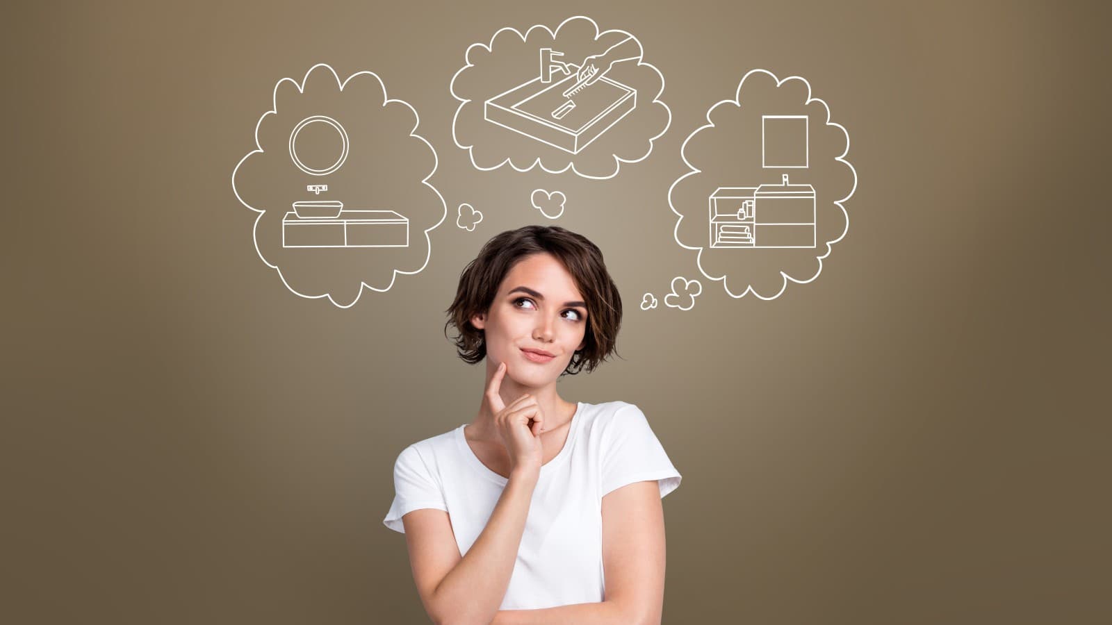 Žena premýšľa o svojom vysnívanom umývacom priestore Žena premýšľa o svojom vysnívanom umývacom priestore