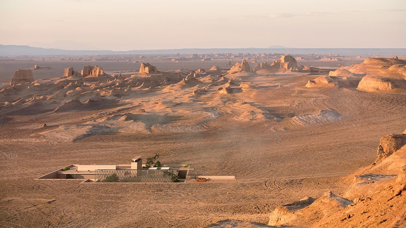 The H.O.M.E. Haus 2022 v púšti. Tradičný lapač vetra nazývaný bâdgir sa majestátne sa týči ako sochárske dielo (© Bloomrealities/HTA für H.O.M.E. Haus 2022) The H.O.M.E. Haus 2022 v púšti. Tradičný lapač vetra nazývaný bâdgir sa majestátne sa týči ako sochárske dielo (© Bloomrealities/HTA für H.O.M.E. Haus 2022)